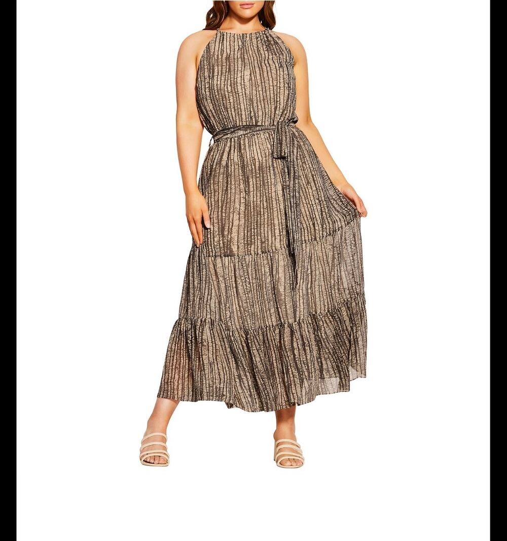 City Chic Tiered Elements Belted Gray Maxi Dress Halter Neck Flowy Womens 12
